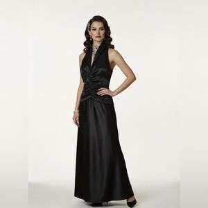 TADASHI SHOJI Black Ruched Satin Halter Evening Gown – Vintage 90s- Size 4